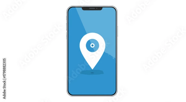 Fototapeta Modern smartphone displaying prominent location pin icon symbolizing navigation and digital mapping services for travel and business