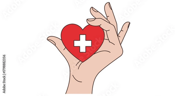 Fototapeta Caring hand gently holds red heart with white cross symbol, representing health and compassion, perfect for medical and charity themes