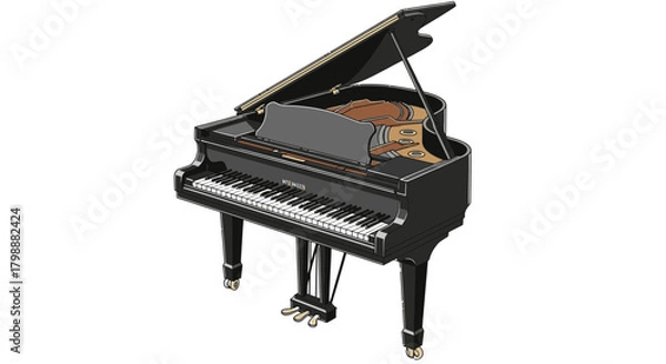 Fototapeta Elegant black grand piano with open lid showcasing intricate internal workings ready for masterful musical performance