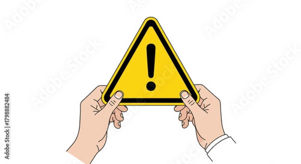 Fototapeta Hands presenting a bright yellow hazard warning sign with black border and exclamation mark symbol, alerting to danger