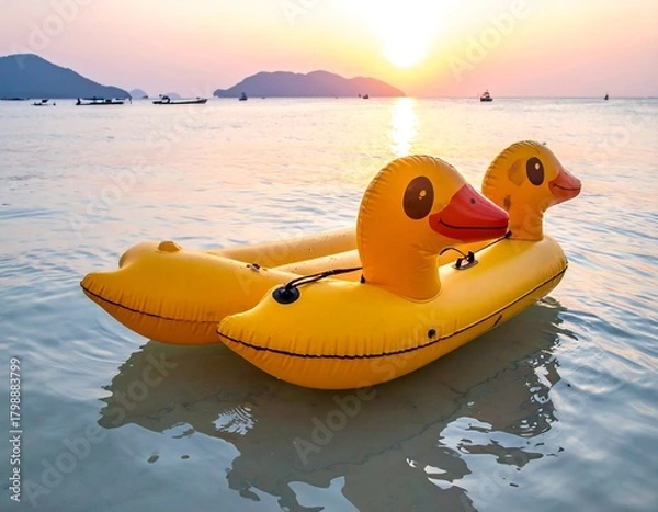 Fototapeta A vibrant sunset paints the sky as an inflatable duck-shaped raft floats in serene, shallow water, near the coastline