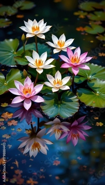 Fototapeta Peaceful Pond with Blooming Water Lilies and Reflection