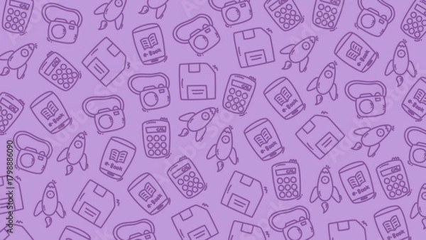 Fototapeta Purple Technology Doodle Pattern Background with Rocket Camera and Ebook Icons