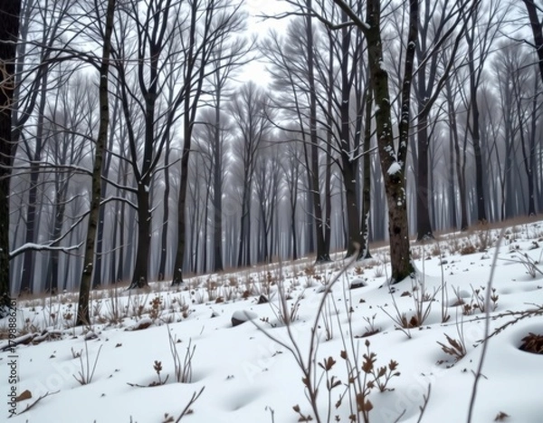 Fototapeta Winter Forest Scene with Snow and Bare Trees