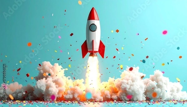 Fototapeta A whimsical cartoon rocket takes off with fiery flames and a colorful confetti explosion against a bright turquoise background