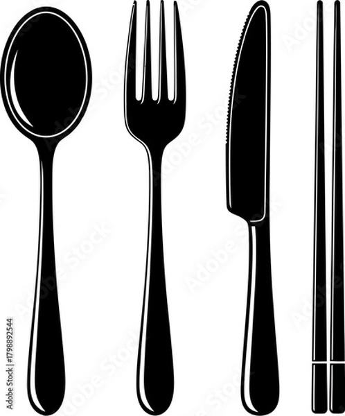 Fototapeta Black and white cutlery set Spoon, fork, knife, and chopsticks for dining. Ideal for restaurants or food illustrations