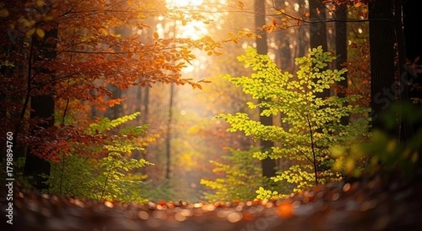 Fototapeta Stunning autumn forest with vibrant foliage and golden sunlight filtering through trees, perfect for travel blogs, nature documentaries, and seasonal marketing campaigns