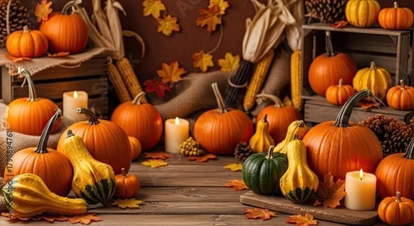 Fototapeta Create a cozy autumn mood with this stunning display of pumpkins, gourds, and fall foliage perfect for Thanksgiving promotions and seasonal marketing campaigns, bring warmth and charm to your designs