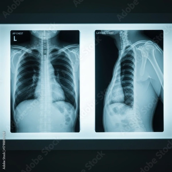 Fototapeta Human chest x-rays showing ap and lateral views on lightbox.
