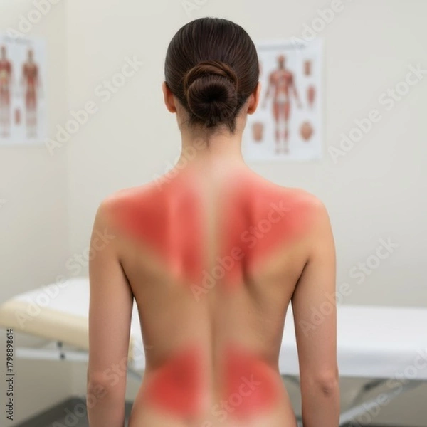 Fototapeta Woman's back with pain points highlighted in a medical clinic