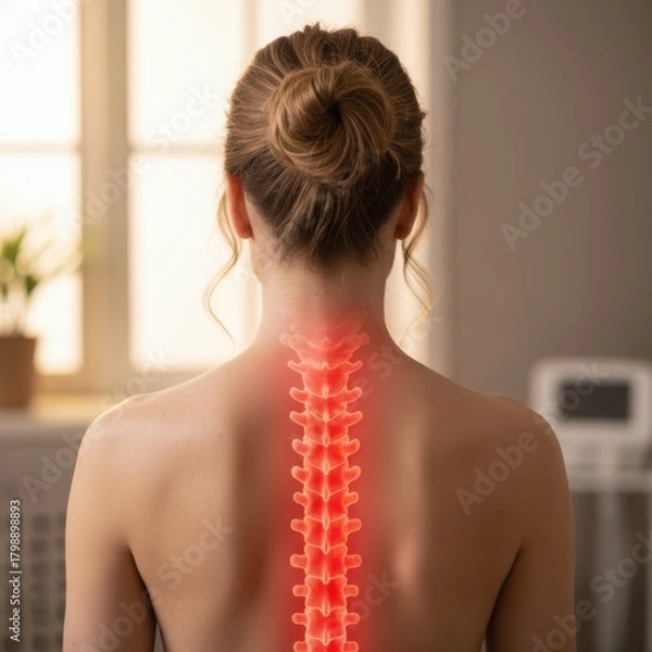 Fototapeta Female displaying painful red spine, symbolizing medical back issue