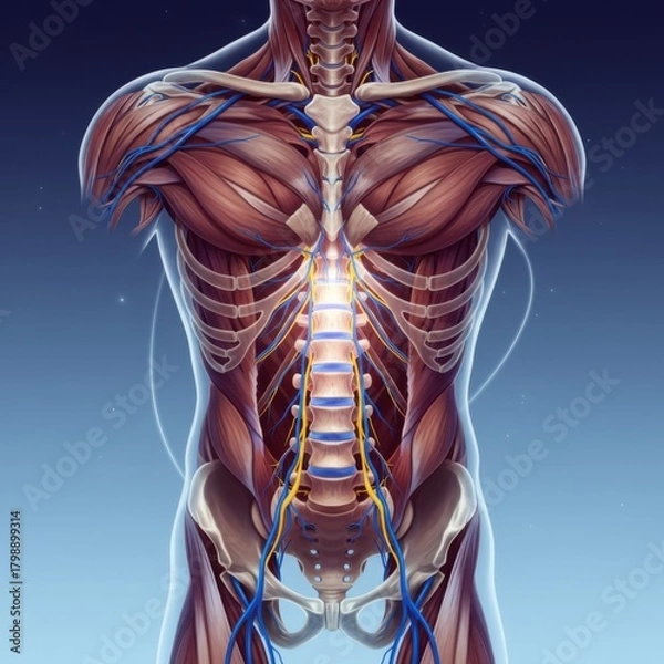 Fototapeta Human torso anatomy with highlighted nerves, muscles, and bones