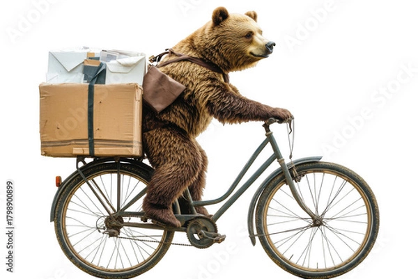 Obraz Bear riding a bicycle carrying packages on a black background