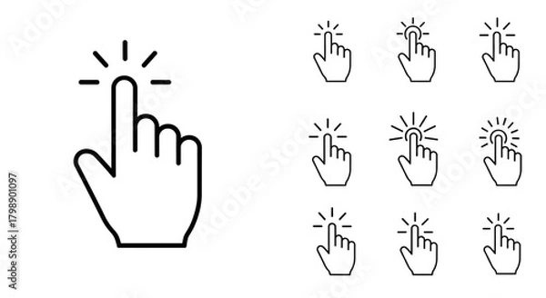 Fototapeta Outline illustration of a hand with finger touching or clicking with radiant effect, concept for user interface design, website navigation and interactive application