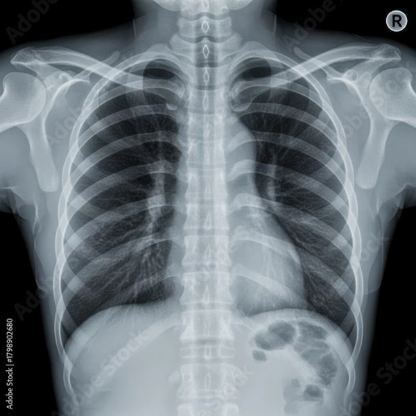 Fototapeta Medical human chest x-ray scan displaying ribs, lungs, and heart