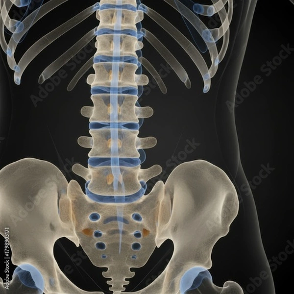 Fototapeta Human lumbar spine and pelvis 3d rendering with nervous system