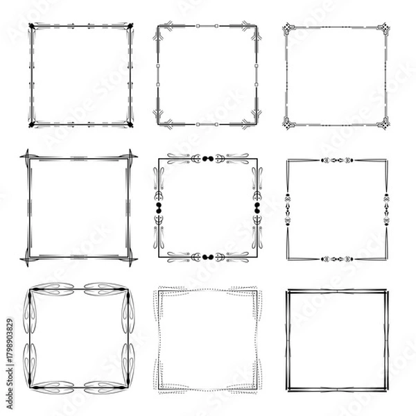 Fototapeta Set Black Simple Line Frame Collection Doodle Square Floral Frame Elements Vector Design Style Sketch Isolated Illustration For Banner