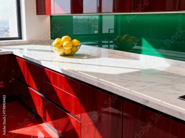 Obraz Modern Red and White Kitchen Interior with Marble Countertop and Sunlight