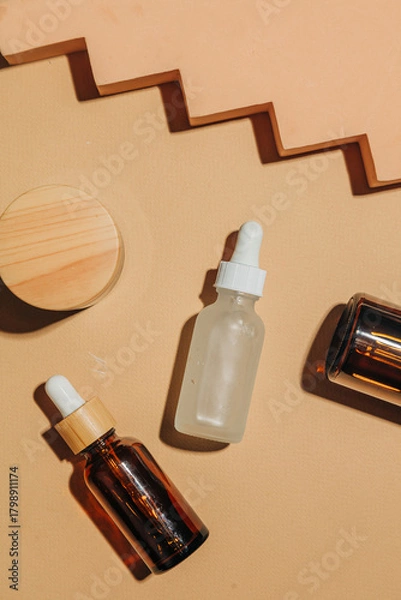 Obraz Cosmetic jars bottles beige decor background