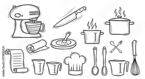 Fototapeta Cooking kitchen tools utensils sketch vector illustration recipe preparation equipment baking ingredients 100