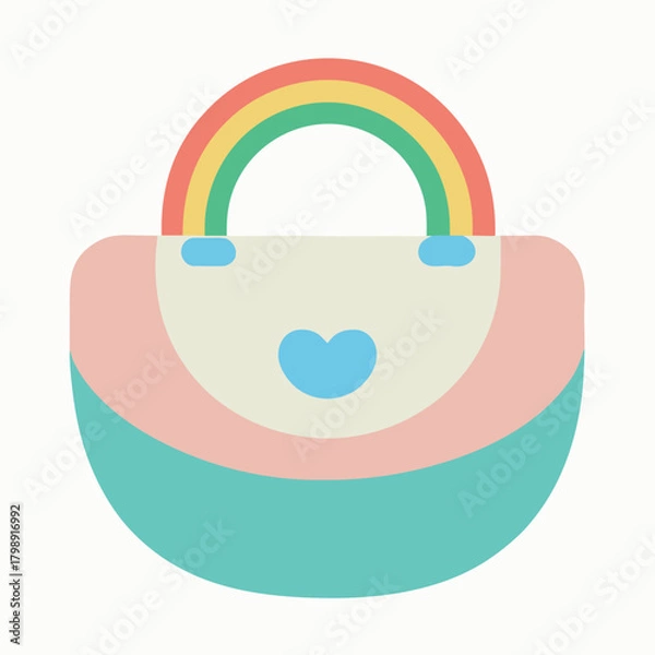 Fototapeta Playful vector logo with baby bag and rainbow.
