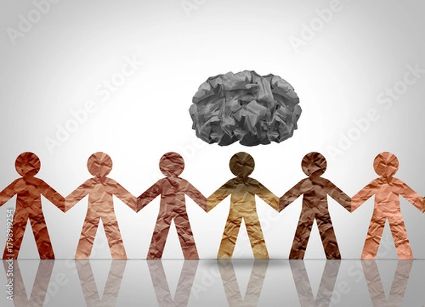 Obraz Depressed Person In A Group as a symbol of an isolated person in a group suffering from depression as a social mental health issue with origami dark cloud and paper cut out people.