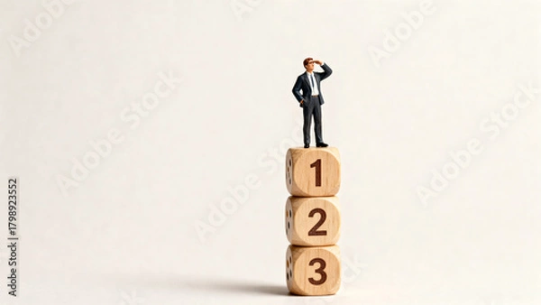 Obraz Miniature man on stacked dice