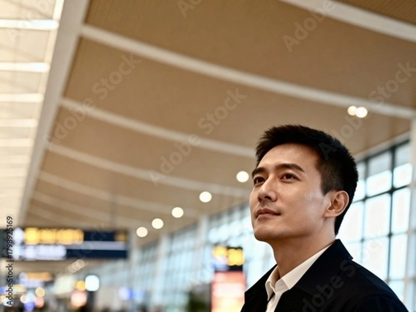 Fototapeta Young Asian Man Looking Up in a Modern Airport Terminal