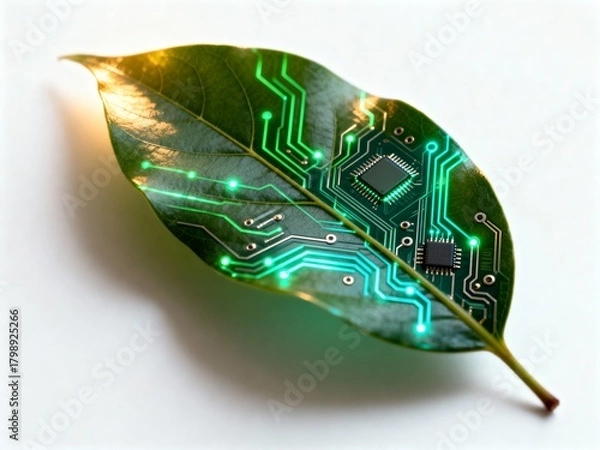 Obraz Green Leaf with a Glowing Integrated Circuit Board, "Green Tech" Concept