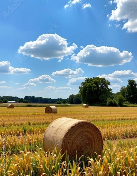 Fototapeta Peaceful Rural Field with Hay Bales and Bright Sky