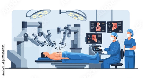 Fototapeta Surgeons operate a robotic surgical system on a patient in an advanced operating room with monitors displaying vital signs and anatomy