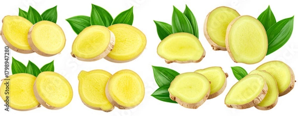 Fototapeta Fresh Ginger Slices and Leaves Collection — Minimal PNG Set