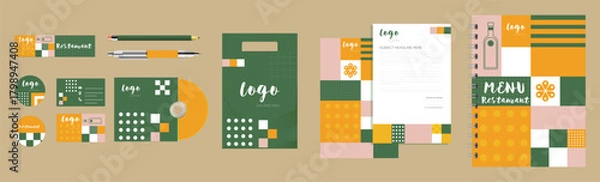 Fototapeta Restaurant Brand Identity Sets Vector File featuring logo elements, menu templates, food icons, badges, labels, and branding essentials. Perfect for cafés, restaurants, food trucks, catering services.