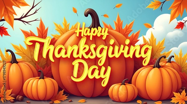 Fototapeta Soft textured autumn setting with pumpkins, fall branches, and hand-lettered Happy Thanksgiving Day text in a warm color palette