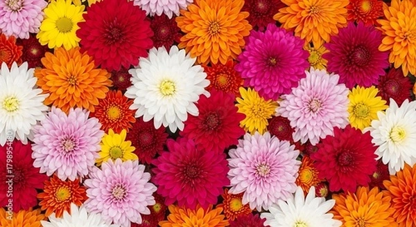 Fototapeta A vibrant tapestry of colorful chrysanthemum flowers creates a stunning floral background, bursting with autumnal beauty and charm