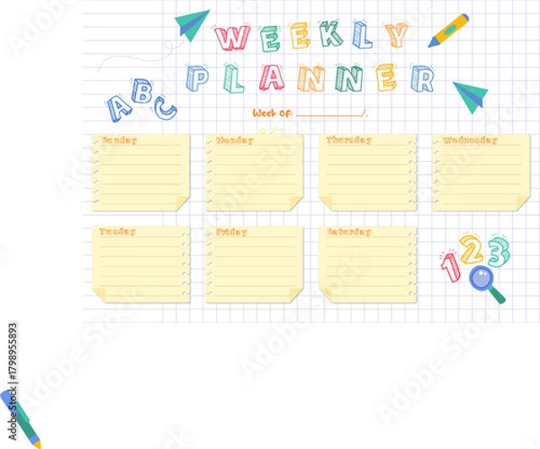 Fototapeta Weekly planner template notes education vector bundle set.