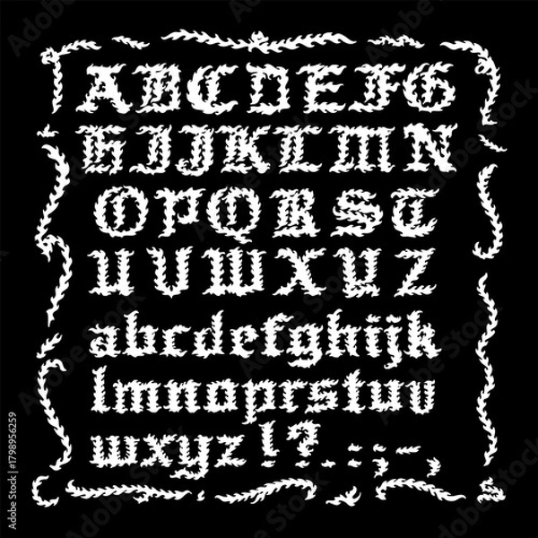 Obraz A decorative gothic-style alphabet set featuring uppercase and lowercase letters with a thorny, textured design. 