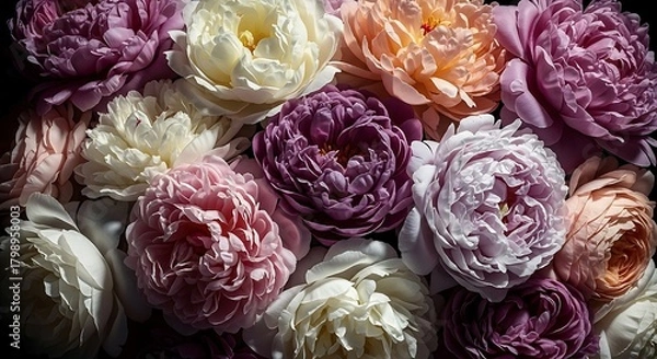 Fototapeta A lush and romantic arrangement of peony flowers in various shades of pink, peach, and white, creating a soft and dreamy aesthetic