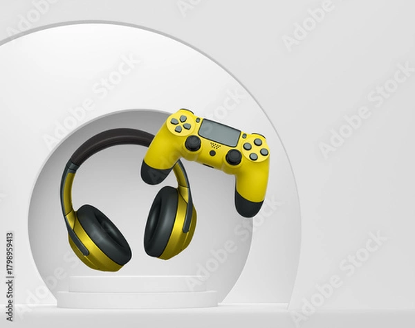 Fototapeta Wireless gaming controller and headphones displayed over podium on abstract background, concept of modern gaming technology