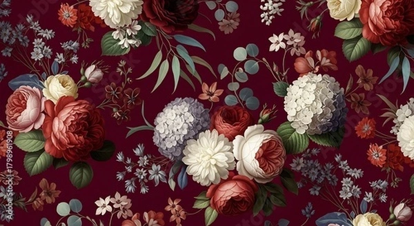 Fototapeta Vintage floral pattern with roses, hydrangeas, and foliage in deep burgundy, cream, and green hues, creating a romantic and elegant design