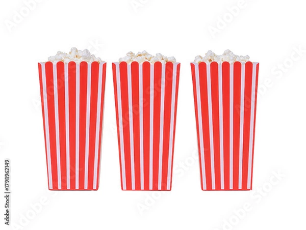 Fototapeta Three red and white striped popcorn containers filled with fresh popcorn, isolated on transparency background, evoke fun and nostalgic movie theater atmosphere