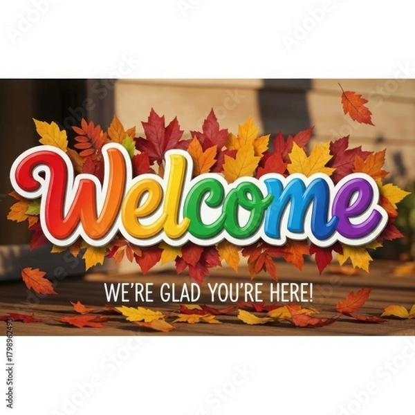 Fototapeta Inviting autumn welcome text with vibrant fall foliage design.