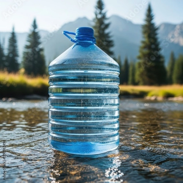 Fototapeta Refreshing water bottle in clear mountain stream, nature scene