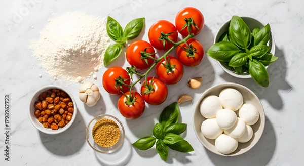 Obraz Fresh ingredients arranged on marble surface for cooking italian cuisine, showcasing tomatoes, mozzarella, basil, flour, and spices in bright, inviting composition.