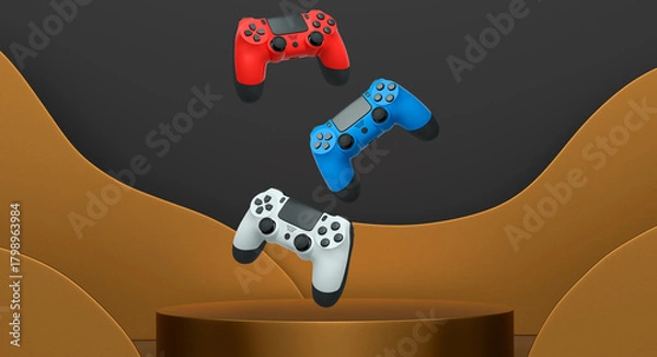 Obraz Colorful gaming controllers joystick levitating over podium against abstract background, minimalist concept device on pedestal