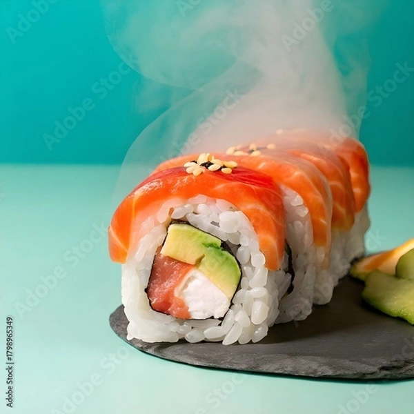 Fototapeta 
Freshly steamed sushi roll with avocado and salmon, garnished elegantly, photographed in cinematic studio lighting with rising steam effect.