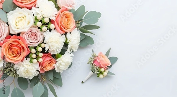 Fototapeta Elegant wedding bouquet and boutonniere with roses and carnations isolated on white background
