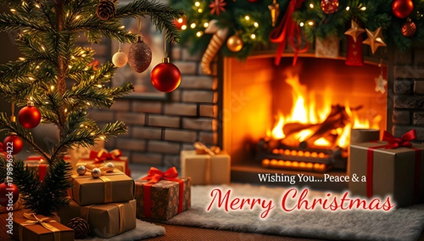 Obraz Christmas background image 2026 with cozy interior, stone fireplace, decorated Christmas tree, wrapped gifts, soft rug, glowing fire, and holiday greeting text.
