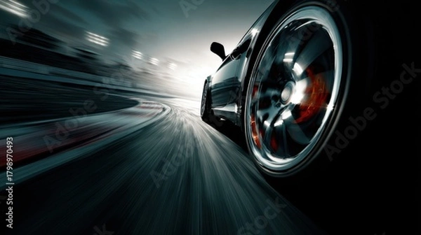 Fototapeta High-speed close-up of a sports car wheel on a racetrack during a thrilling race in bright evening light
