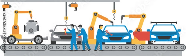Obraz Flat Style Car Manufacturing Process Line Automotive Industry Illustration